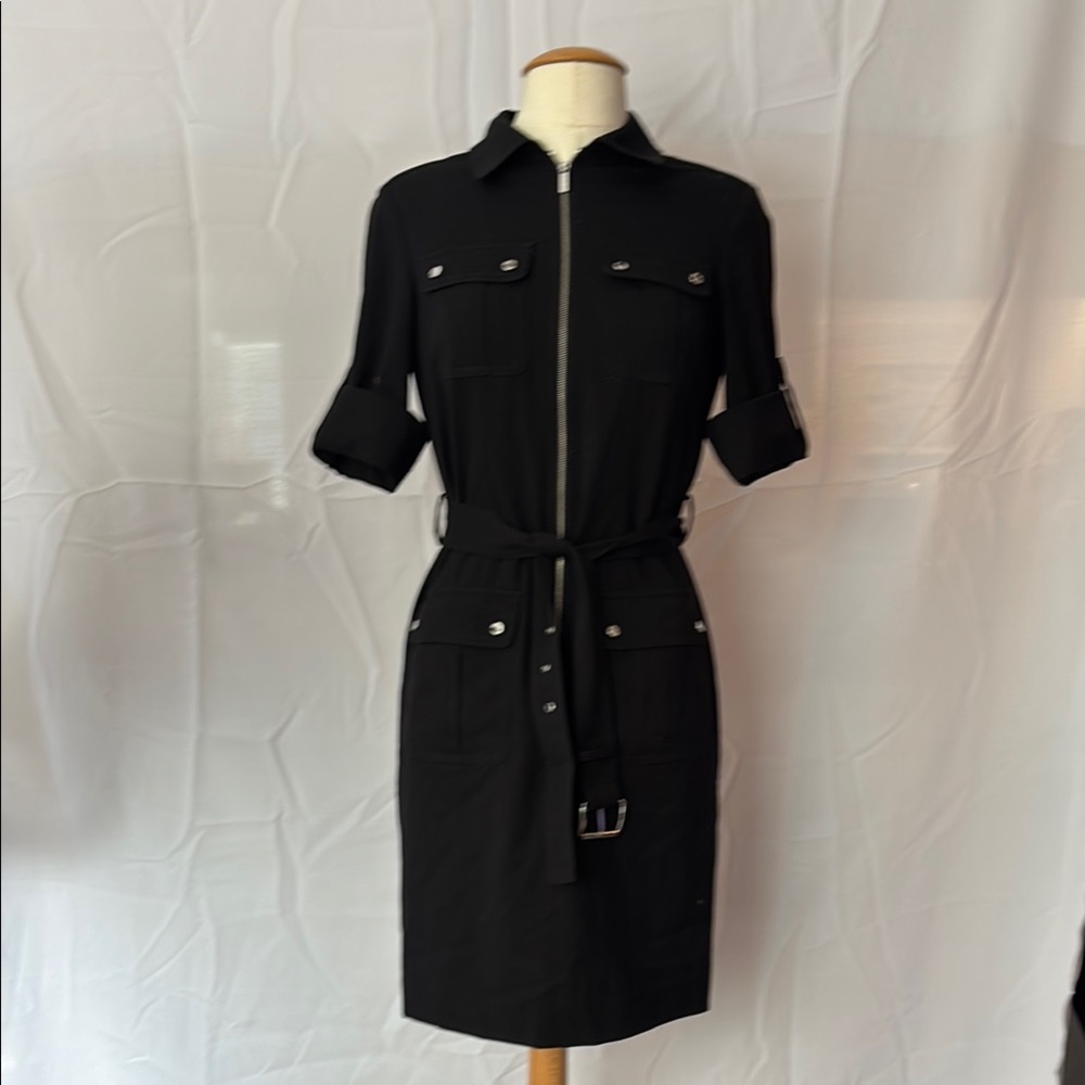 MICHAEL Michael Kors Black Sheath Midi Dress with Cuffed Sleeves XS